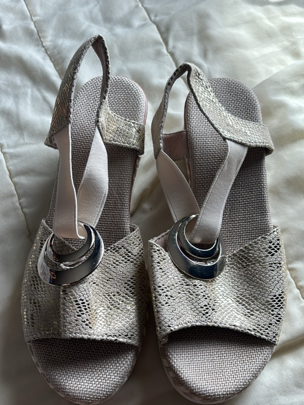 Wedge Sandals with Metallic Accent - Light Beige